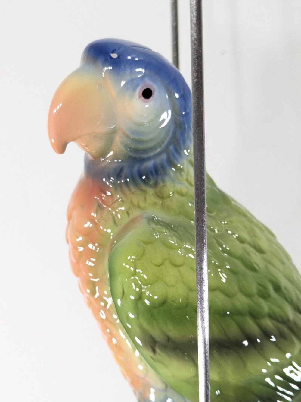 MCM Japan 1960s Ceramic Parrot on hanging metal swing perch